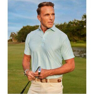 NWOT Collars & Co Large Featherweight Flex Polo Green Stripe SLEEVE FLAWED PHOTO